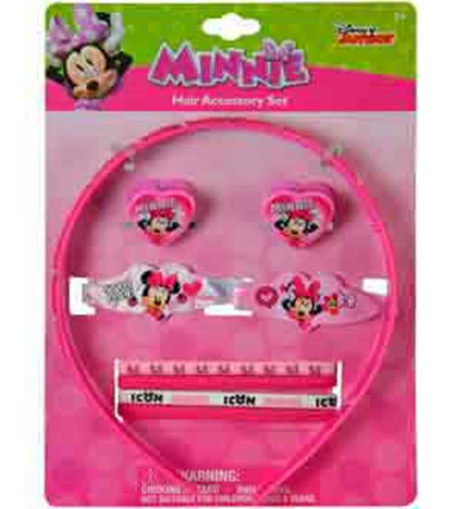 Pink Minnie Mouse headband, two pink Minnie hair ties, two glittery Minnie clips, and a Minnie bow bracelet on pink backing.