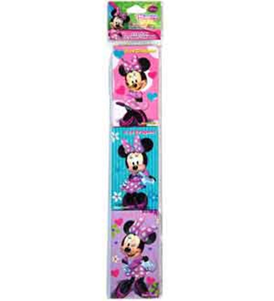 Three boxed sets of six crayons each, featuring Minnie Mouse designs in pink, blue, and purple packaging with polka dots.
