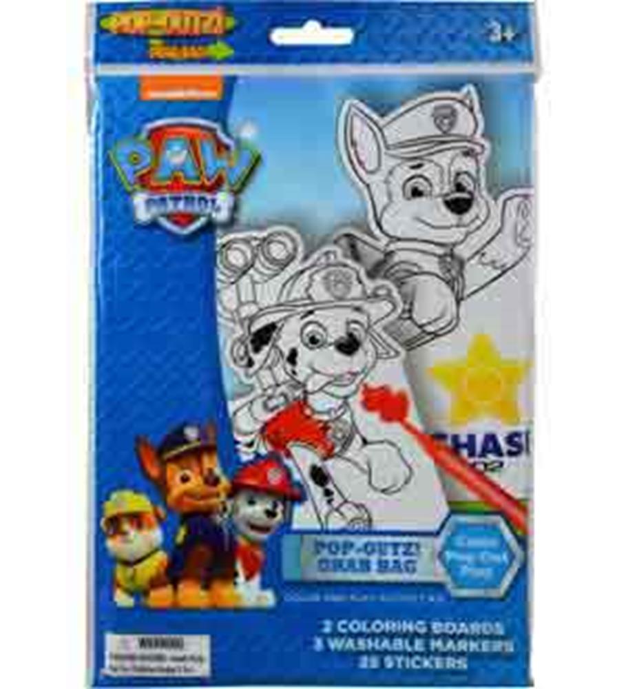 Paw Patrol take-n-play bag with blue packaging, featuring two black-and-white coloring boards and three washable markers.