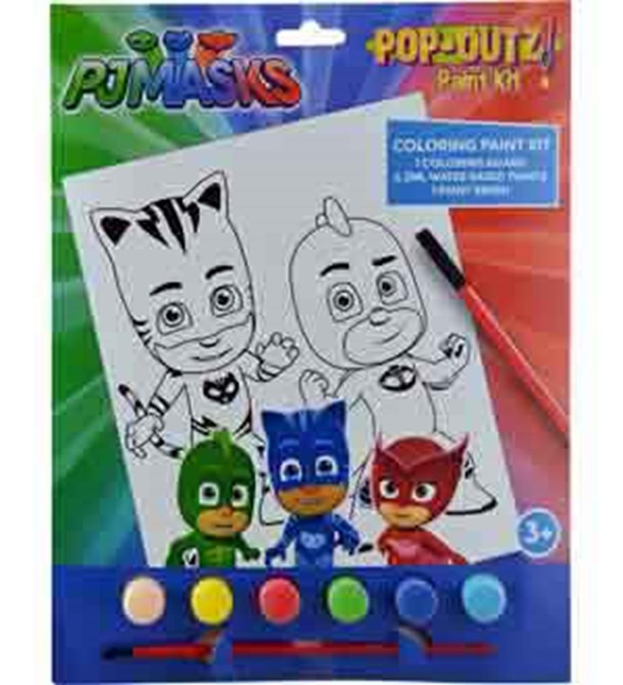 PJ Masks paint set with six vibrant colors and two black-and-white character coloring pages.