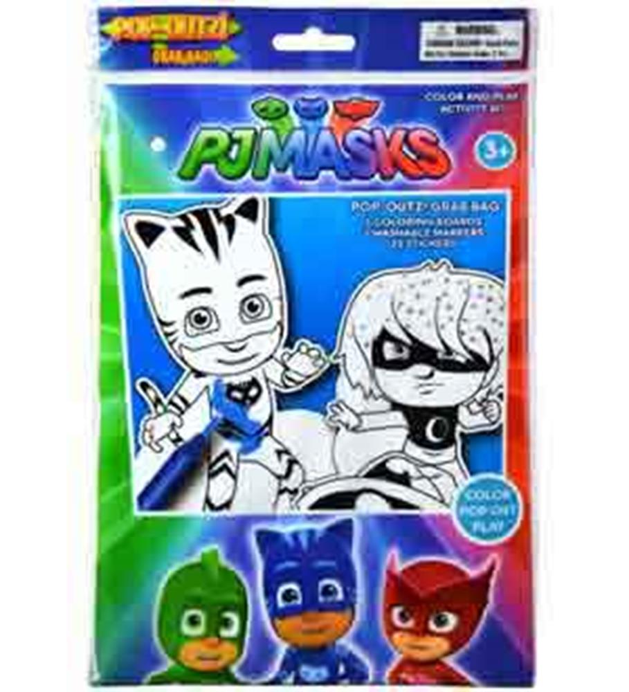 PJ Masks Take N Play Bag with black-and-white coloring page design and colorful superhero characters at bottom.