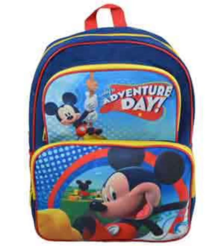 Blue and red Mickey Mouse backpack with Adventure Day graphic, two zippered compartments, and padded straps.