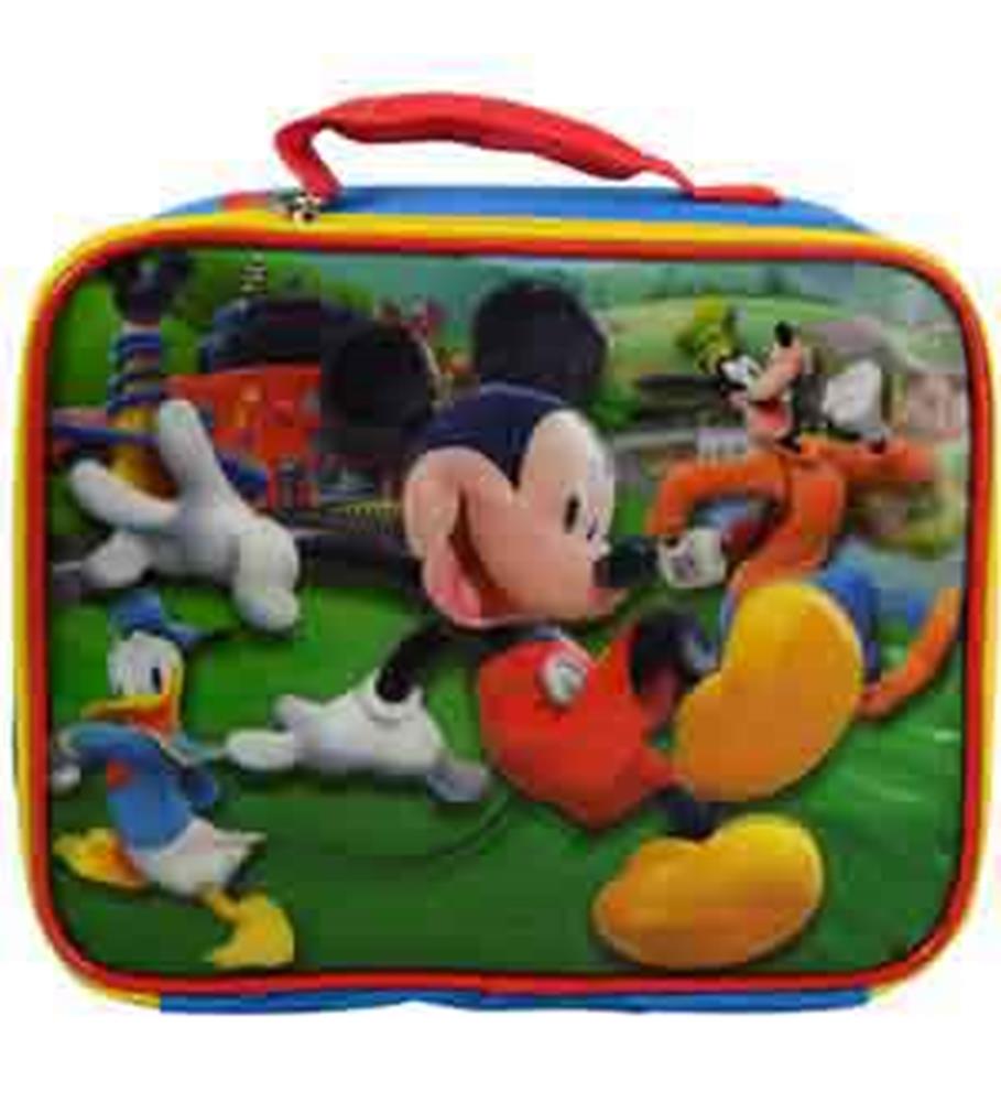 Rectangular lunch bag with red handle, blue sides, and front featuring colorful Mickey Mouse, Goofy, and Donald Duck cartoon