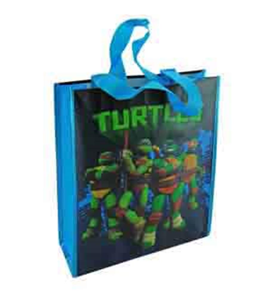 Blue and black non-woven tote bag featuring Teenage Mutant Ninja Turtles graphic with green text and blue handles.