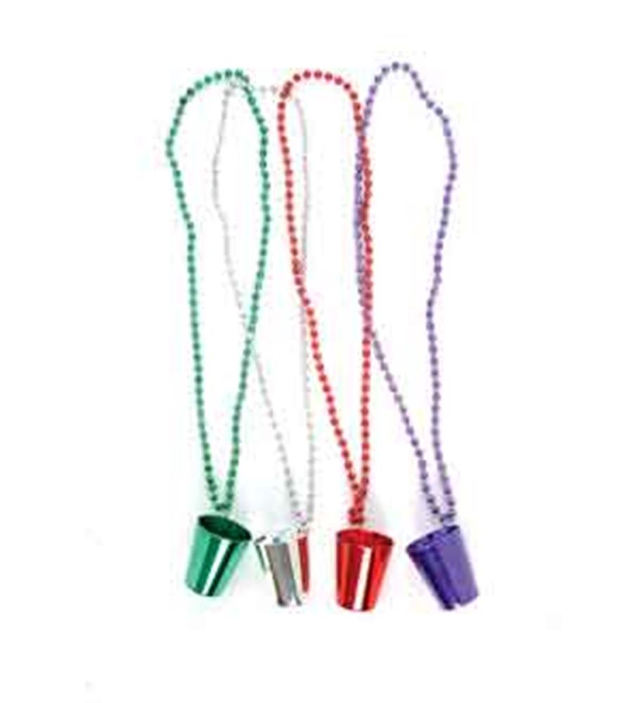 Sets of colorful plastic bead necklaces each with a matching metallic shot glass pendant in green, silver, red, and purple.