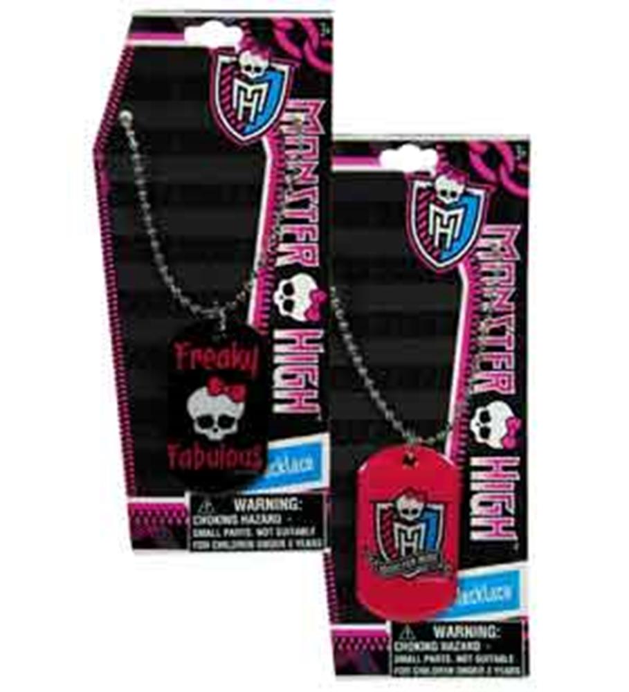 Monster High metal dog tag necklace with black bead chain and red dog tag featuring skull and logo design.