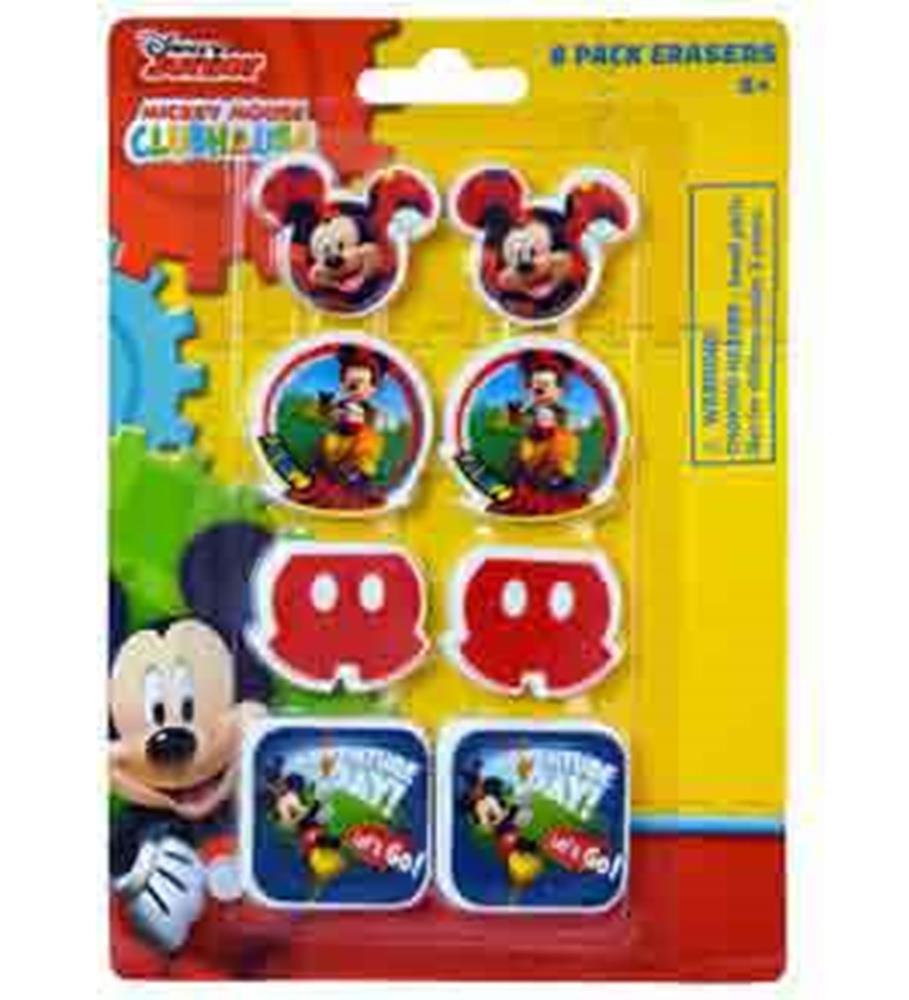 Eight-piece eraser set featuring Mickey Mouse heads, Mickey in colorful outfits, red shorts, and birthday-themed designs on.