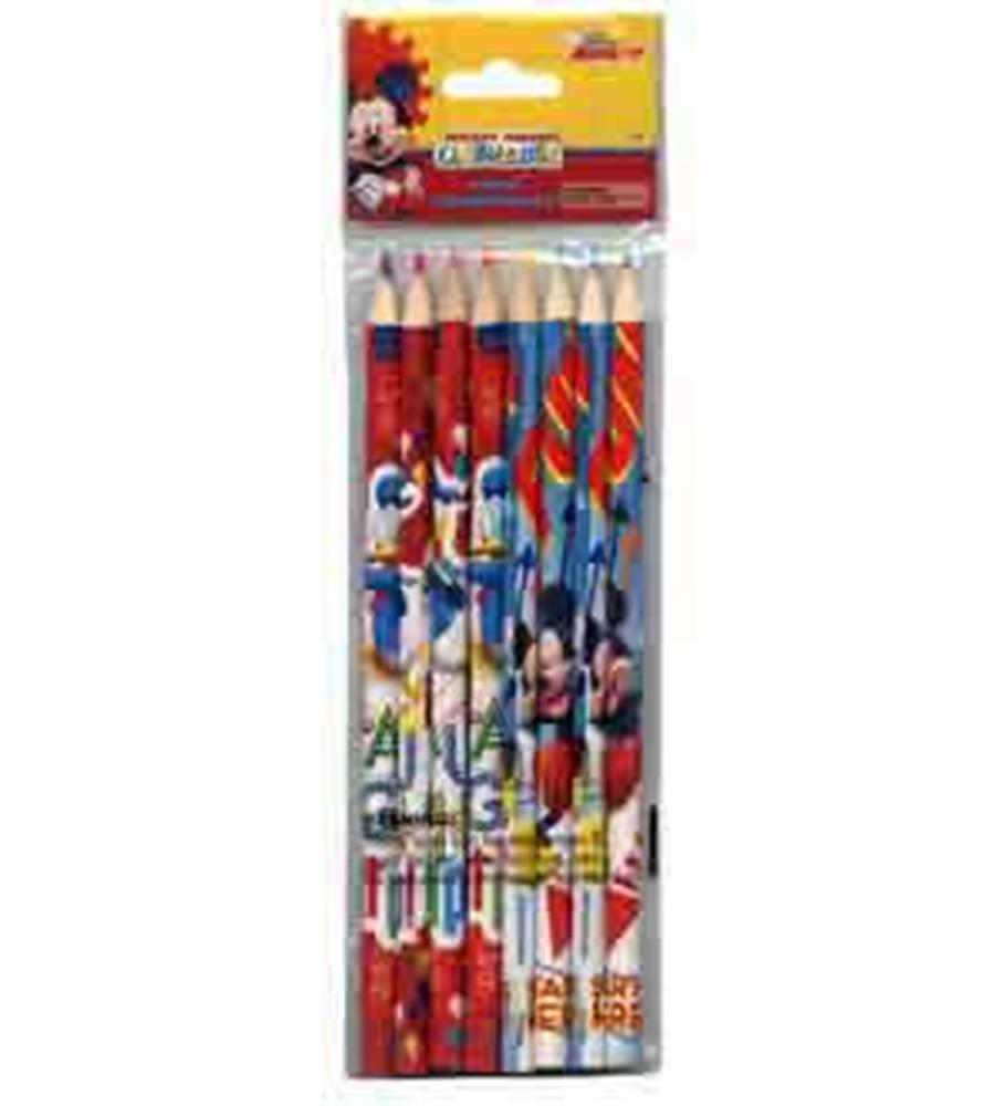 Set of 8 colorful wooden pencils featuring Mickey Mouse and Donald Duck designs on a red and blue background.