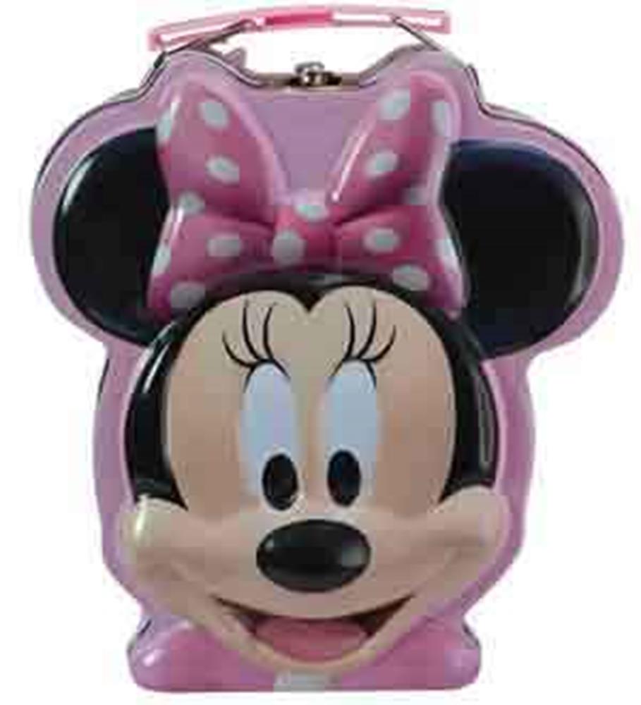 Pink metal tin shaped like Minnie Mouse's head with black ears and a polka-dot bow.