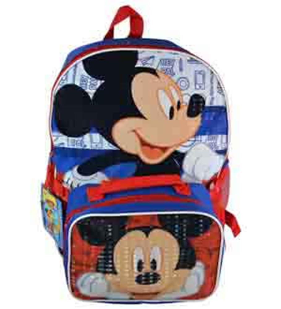16-inch Mickey Mouse backpack lunch bag with red, blue, and white colors, featuring Mickey's face and cartoon graphics.