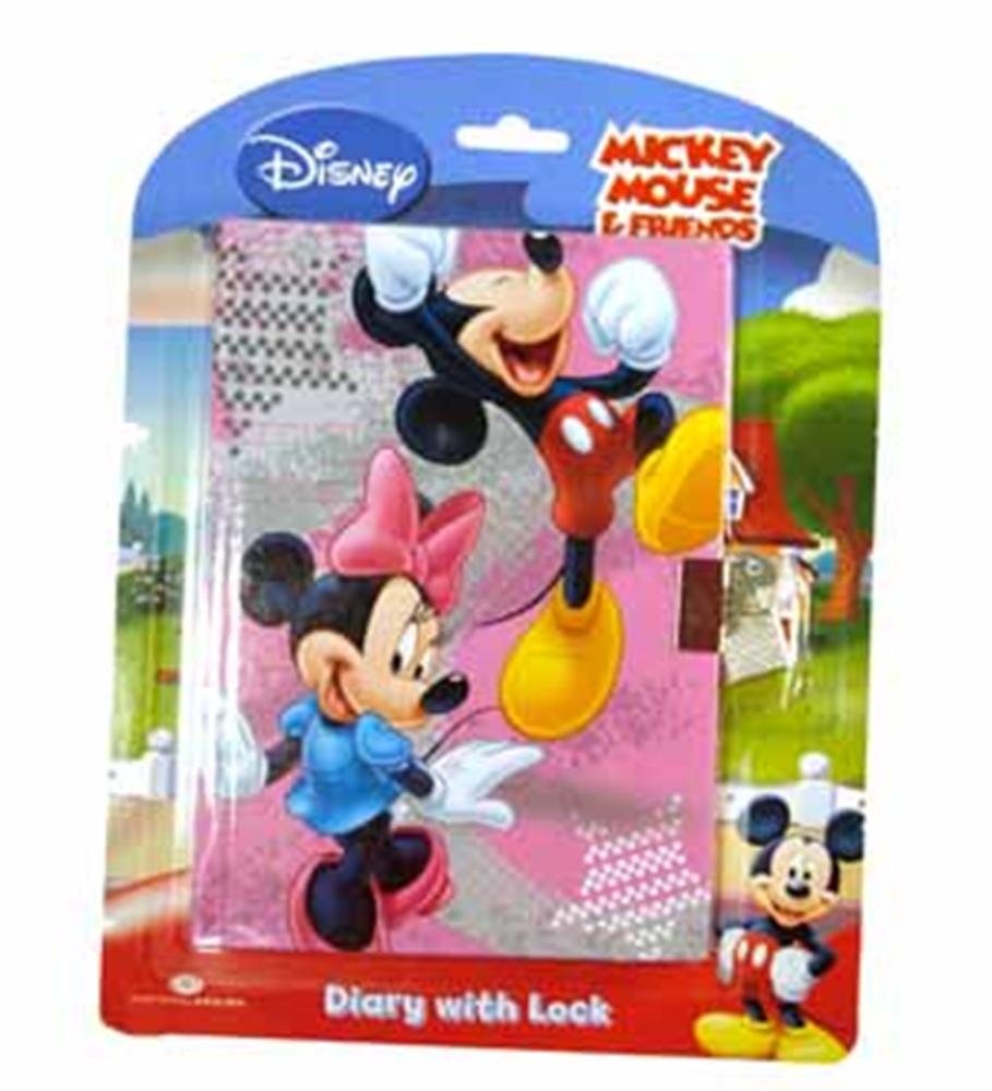 Pink diary with Mickey and Minnie Mouse graphic, blue lock, and Disney branding on top.
