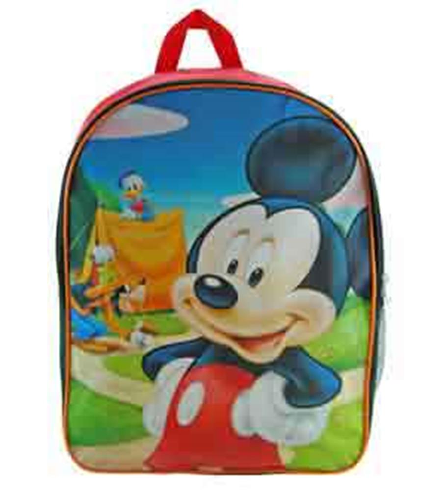 16-inch Mickey Mouse backpack with colorful cartoon print, red straps, and rounded top shape.