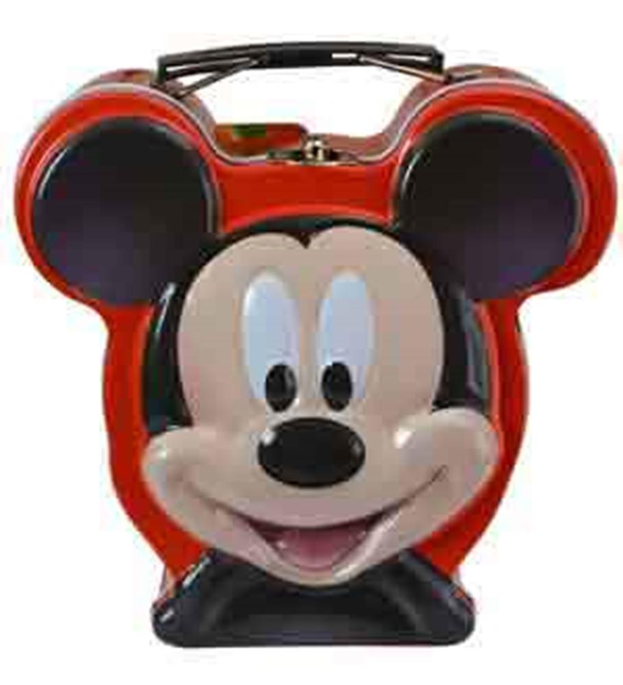 Red metal tin box shaped like Mickey Mouse's head with a smiling face and black handle.
