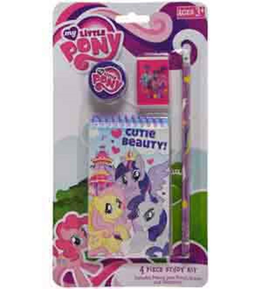 My Little Pony 4-piece study kit with colorful notebook, pencil, eraser, and sharpener in pink and purple packaging.
