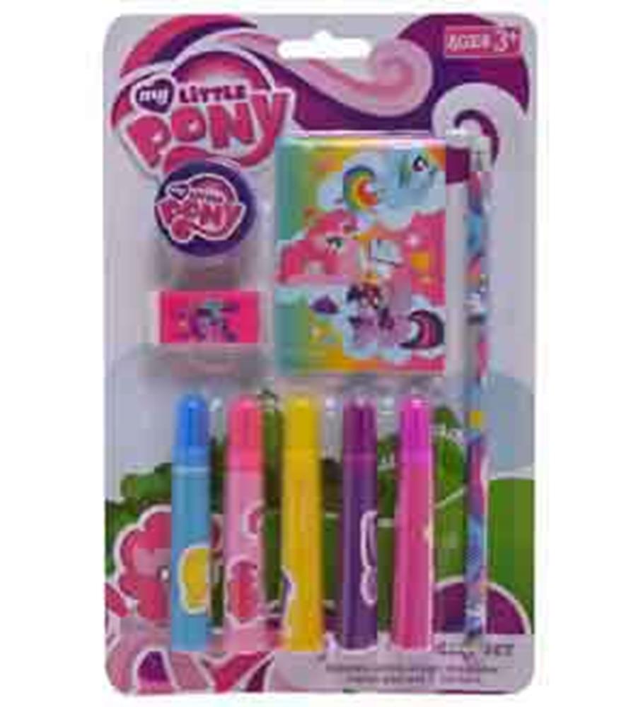 My Little Pony 9-piece stationery set with colorful markers, pencil, eraser, sharpener, and notebook featuring pony designs.