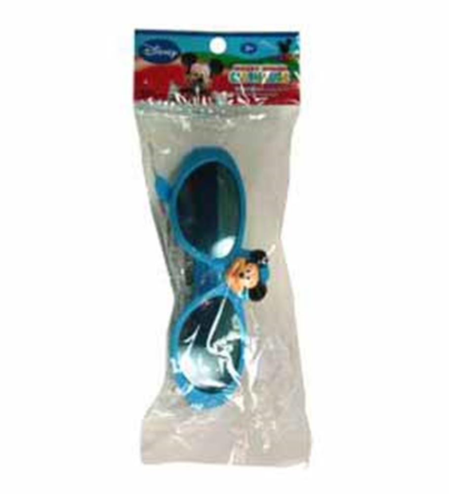 Blue plastic sunglasses with oval lenses featuring a small Mickey Mouse graphic on one lens, packaged in clear plastic.