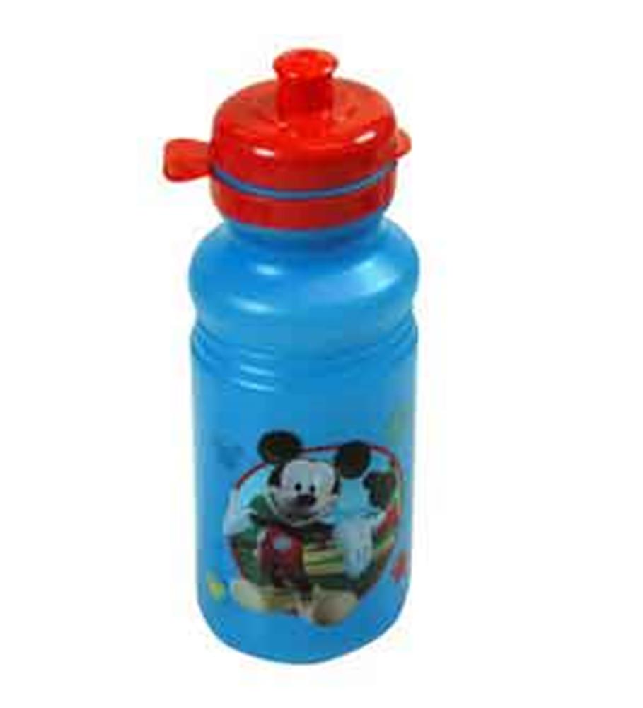 Blue plastic water bottle with red pull-top lid and Mickey Mouse graphic on front.
