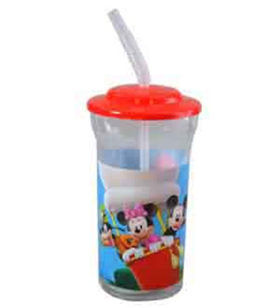 16oz clear plastic sports tumbler with red lid, clear straw, and colorful Mickey Mouse and Minnie Mouse design.