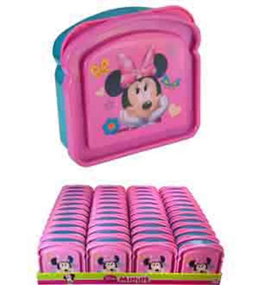 Pink sandwich container with Minnie Mouse design and purple bow, stackable plastic lunchbox.