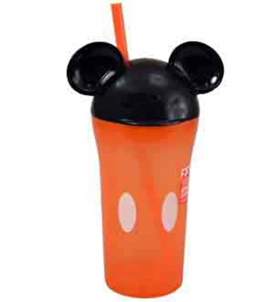 Orange 13oz plastic tumbler with black Mickey Mouse ears lid and orange straw.