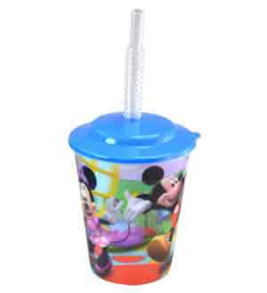 12oz plastic tumbler with blue lid and straw, colorful Mickey Mouse and friends design.