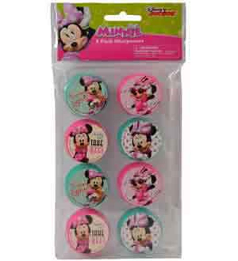Set of eight round pencil sharpeners featuring Minnie Mouse designs in pink, teal, and cream colors.