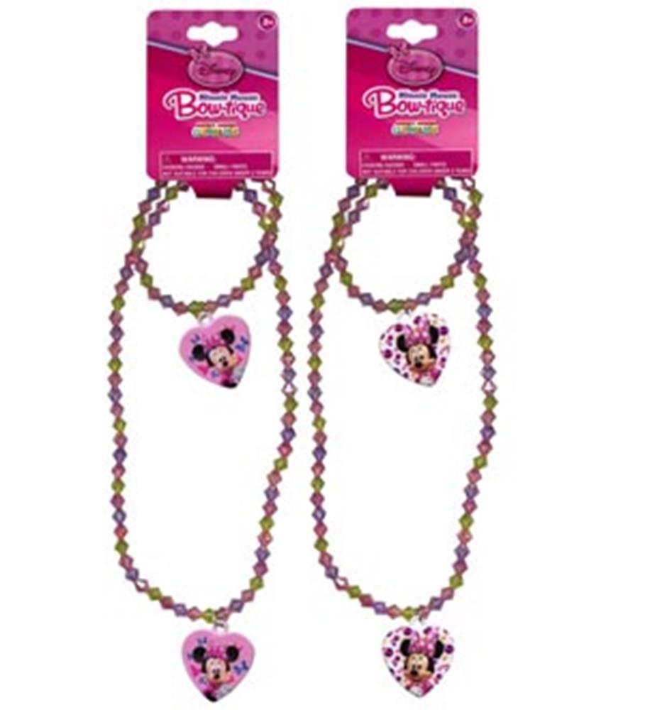 Girls' colorful bead necklace and bracelet set with pink heart-shaped Minnie Mouse charms.