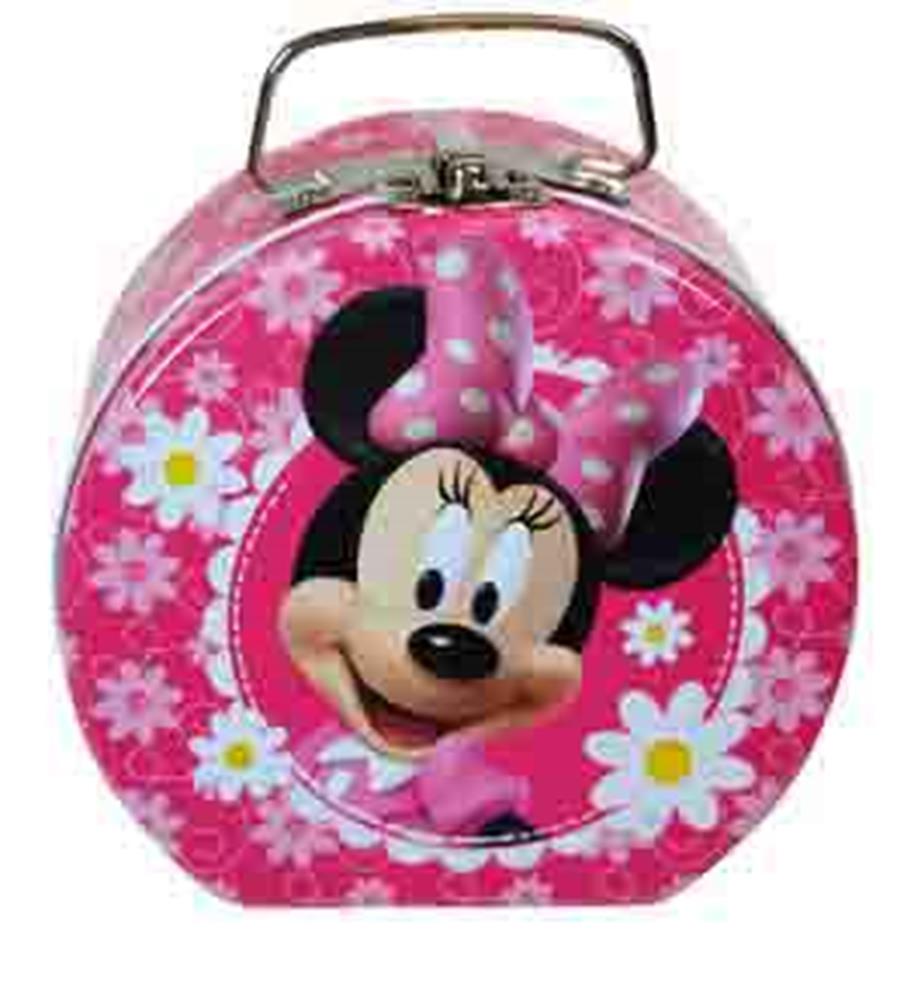 Round pink metal box with Minnie Mouse face, polka-dot bow, and white daisies design.