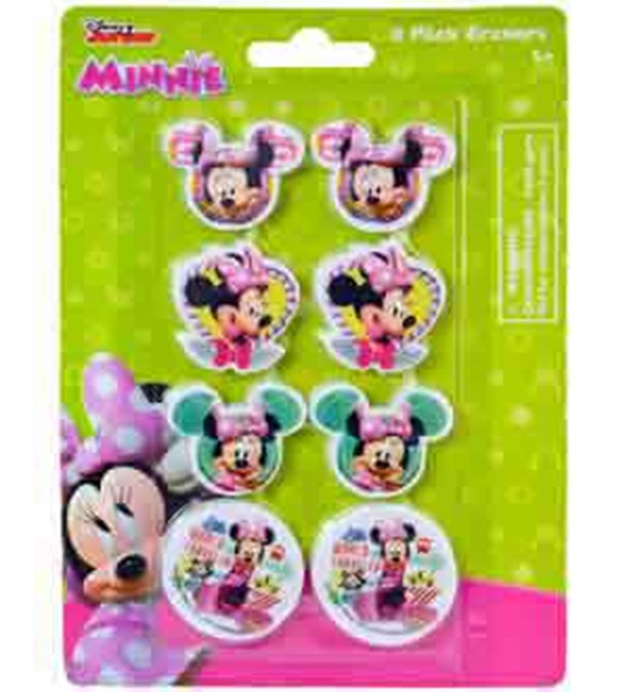 Eight-piece set of colorful Minnie Mouse-themed erasers with various shapes including Minnie’s head, bow, and full figure on
