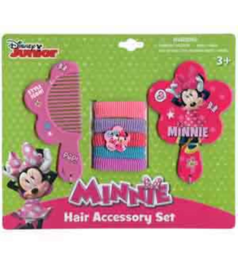 Pink Minnie Mouse-shaped comb and hand mirror with matching pink and blue striped hair ties on green backing card.