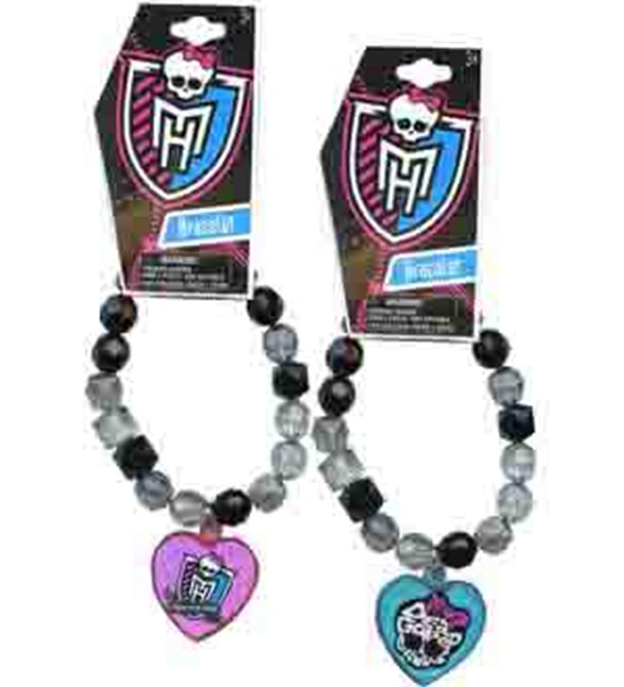Two Monster High beaded bracelets with black and gray faceted beads, one with a purple heart charm, the other with a blue.