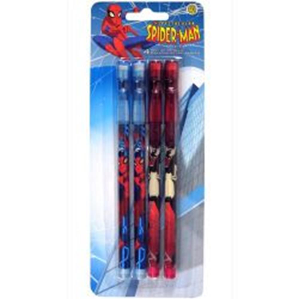 Four-pack of Spiderman-themed pencils with blue and red designs in plastic packaging.