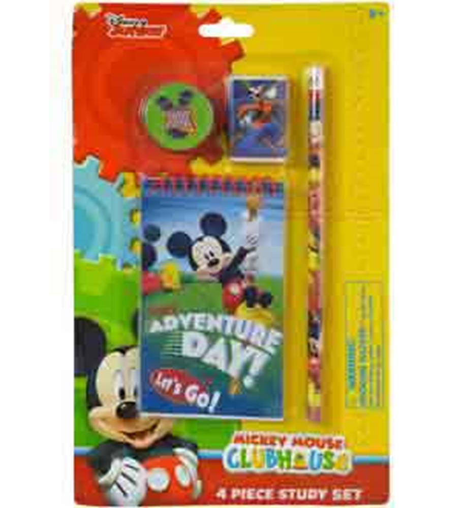Four-piece Mickey Mouse study kit with spiral notebook, pencil, eraser, and sharpener, featuring colorful Disney graphics.
