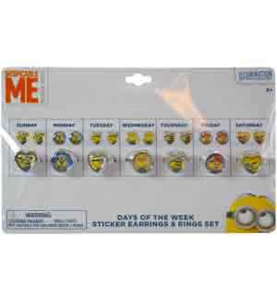 Minions-themed sticker earrings and rings set with colorful day-of-the-week designs and characters on a white backing card.