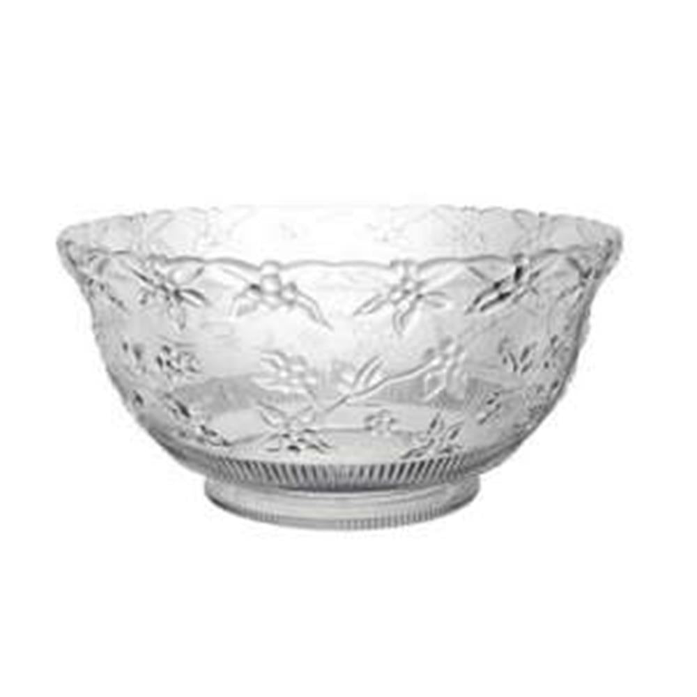 Clear glass punch bowl with embossed floral pattern and rounded shape, 8-quart capacity.