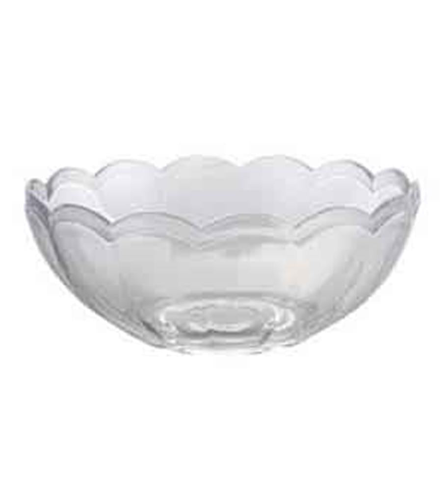 Clear plastic snack bowl with scalloped edges and 8-ounce capacity.