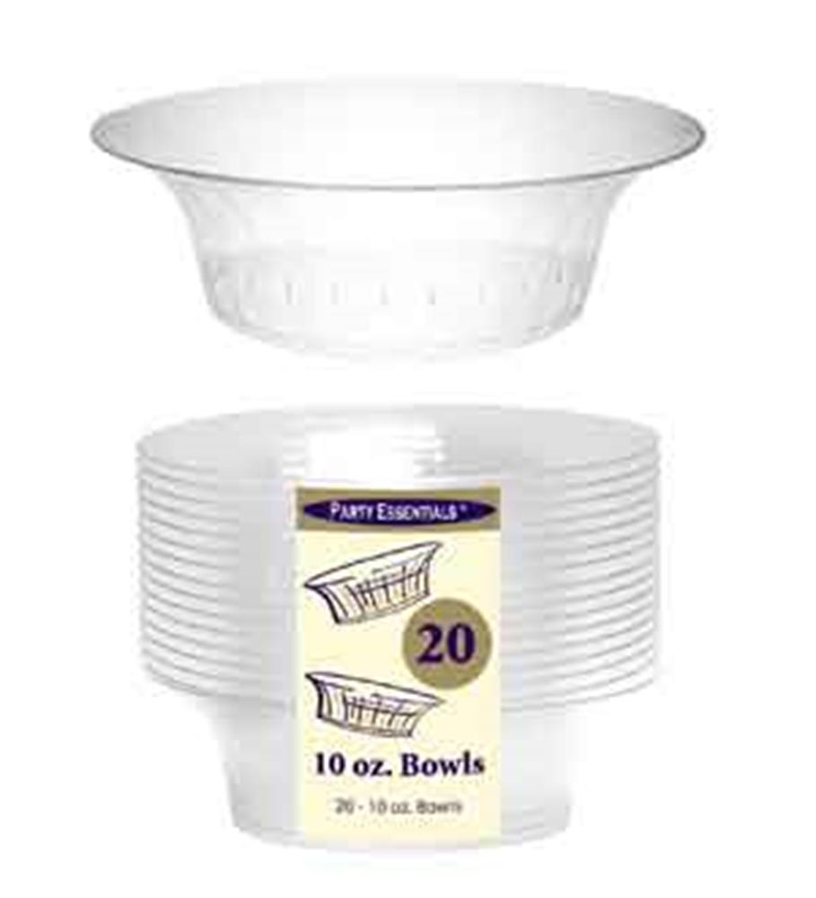 Stack of clear plastic bowls with wide rims, labeled 10 oz, pack of 20.