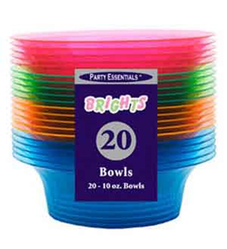Stack of 20 vibrant neon plastic bowls in pink, green, orange, and blue with a 10oz capacity.