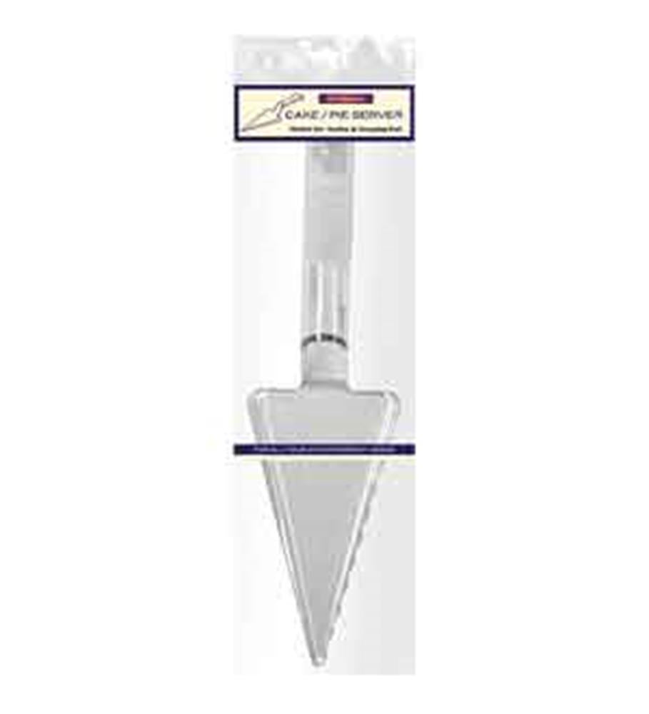 Clear acrylic triangular cake server with serrated edge and sleek handle in packaging.