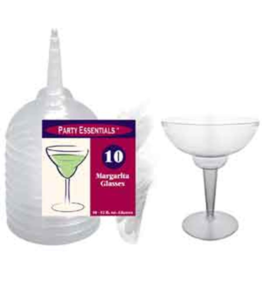 Set of ten clear plastic margarita glasses with wide bowl and slender stem, 12oz capacity.