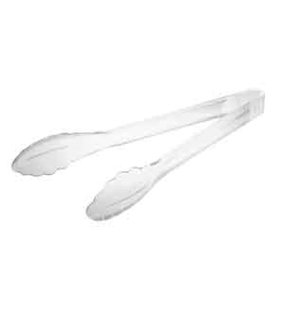 12-inch clear plastic kitchen tongs with scalloped gripping edges.