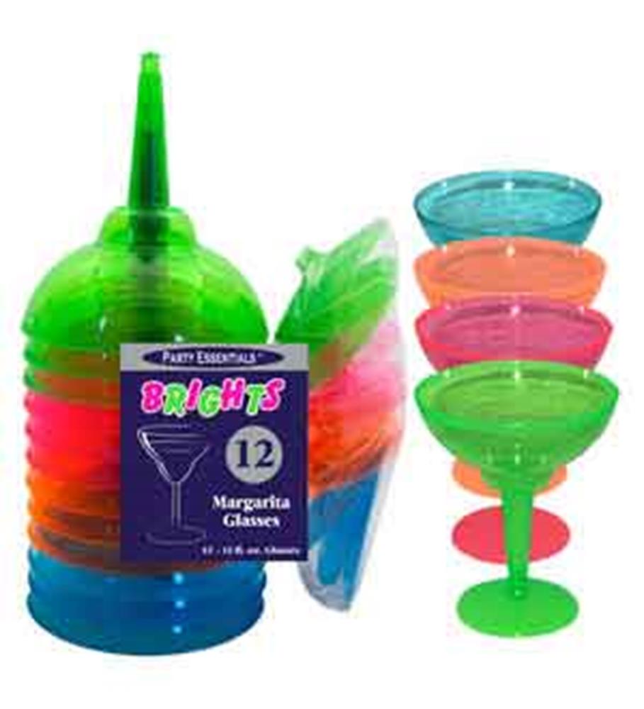 Stack of 12 neon-colored plastic margarita glasses in green, pink, orange, and blue with a matching cleaning brush.