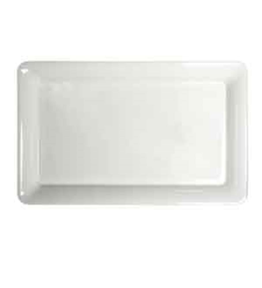 White rectangular serving tray with raised edges and glossy finish, 12x18 inches.