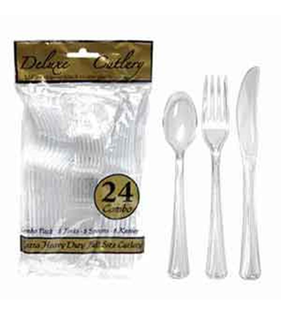 Clear plastic knife, fork, and spoon set with 24 pieces in resealable packaging.