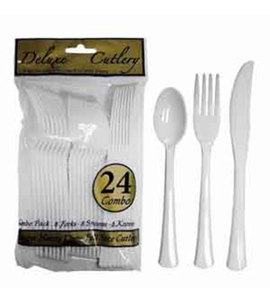 24-count set of white plastic cutlery including spoons, forks, and knives in clear packaging with gold label.