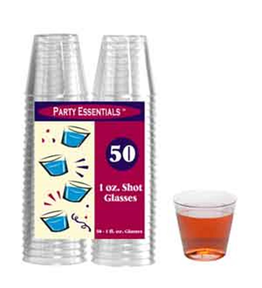 Stack of clear plastic 1oz shot glasses with party-themed label, one filled with amber liquid.