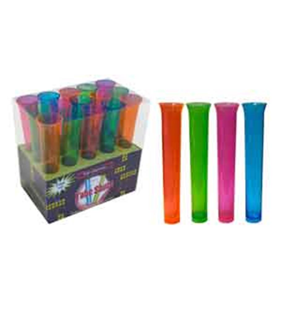 Assorted neon-colored 1.5oz plastic shot glasses in pink, orange, green, blue, and purple, displayed in a clear box with 15.