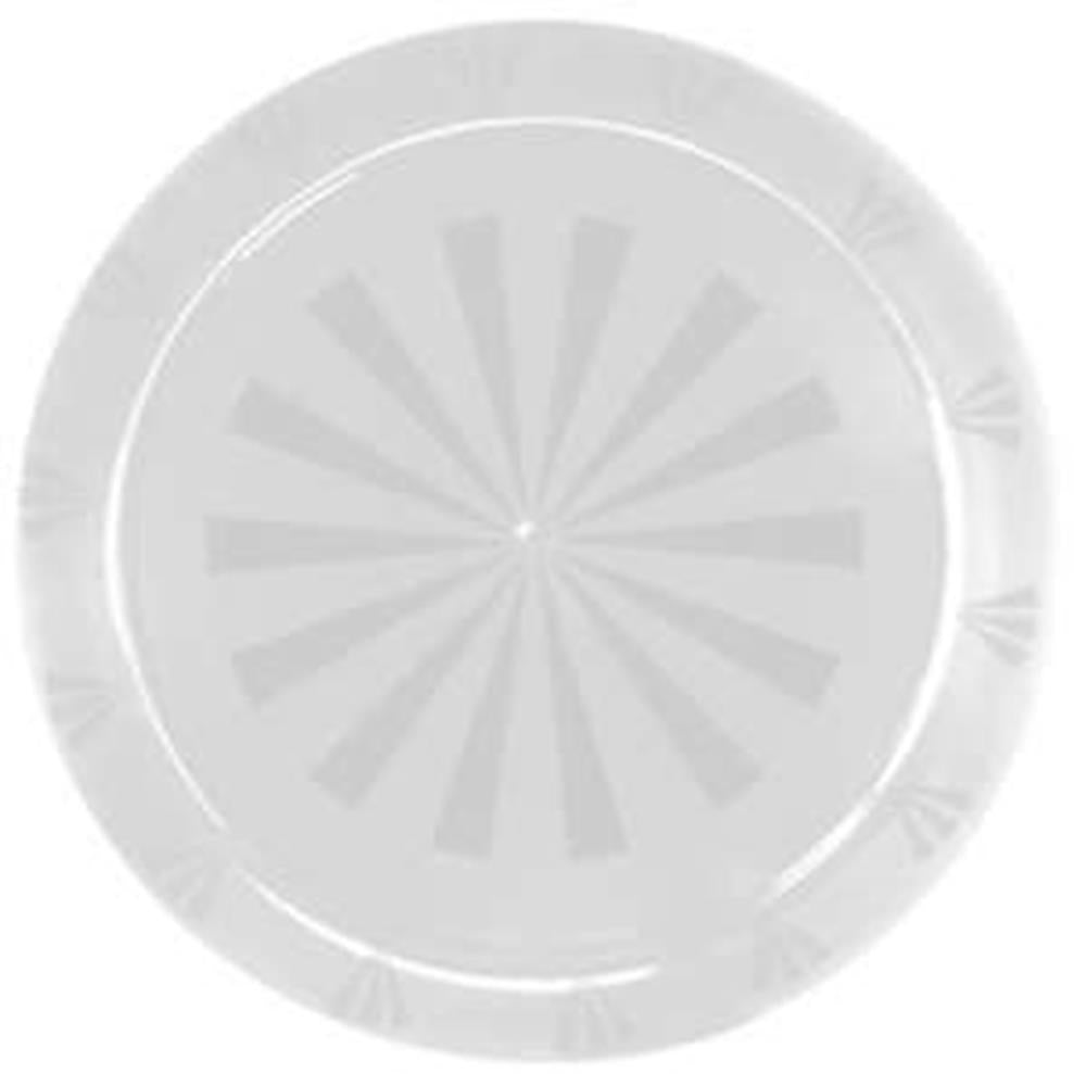 Clear round plastic tray with a 16-inch diameter and subtle radial design at the center.
