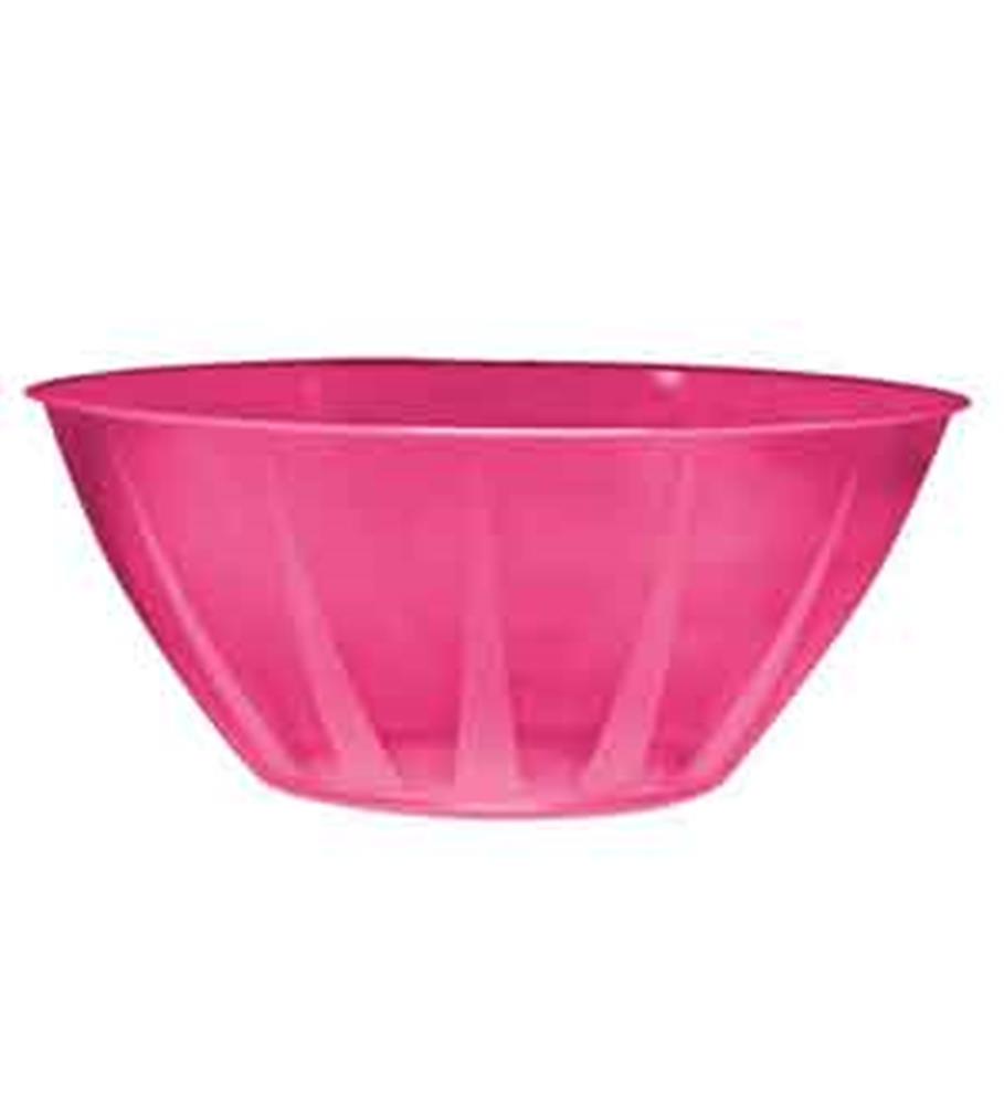 Bright neon pink plastic bowl with a wide, rounded shape and subtle vertical ridges.