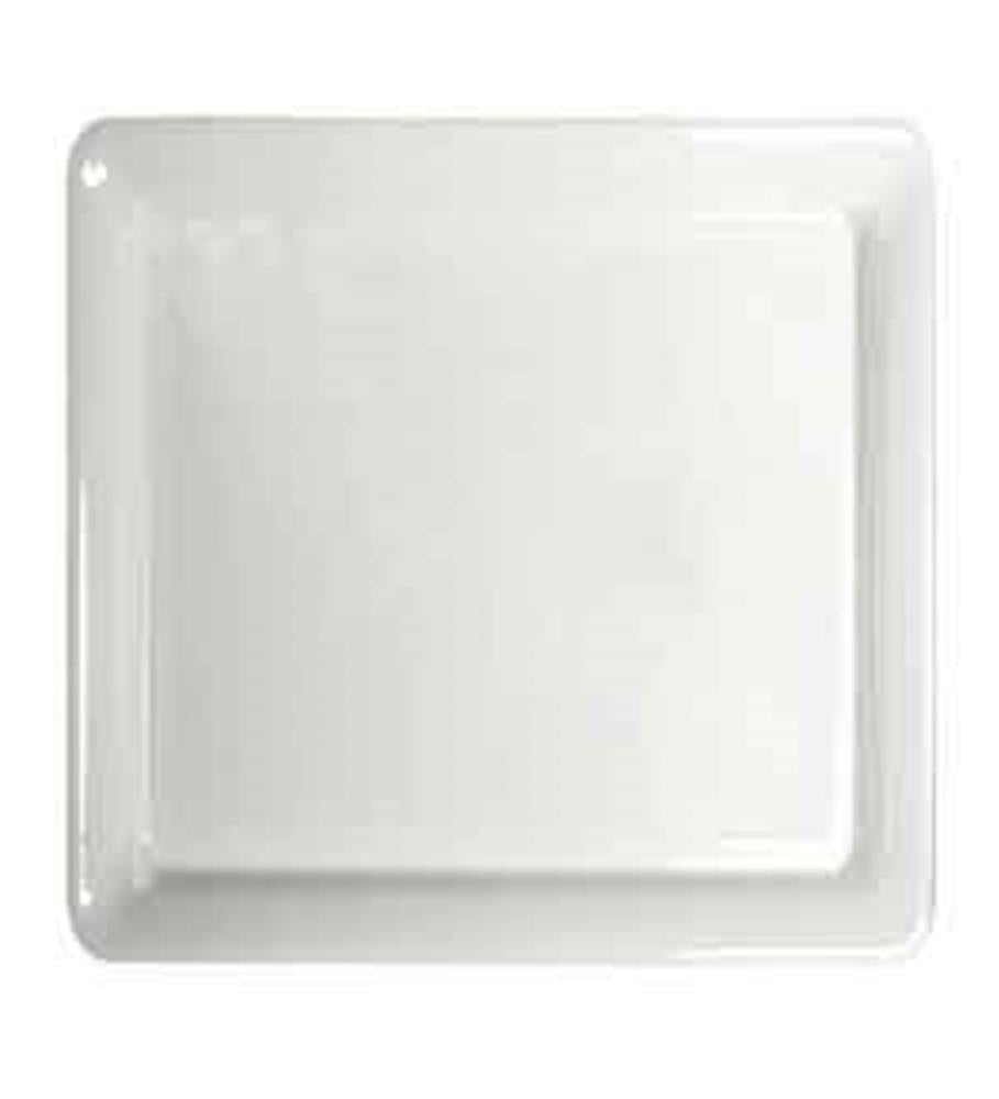 Glossy white square serving tray with slightly raised edges, smooth surface, 16x16 inches.